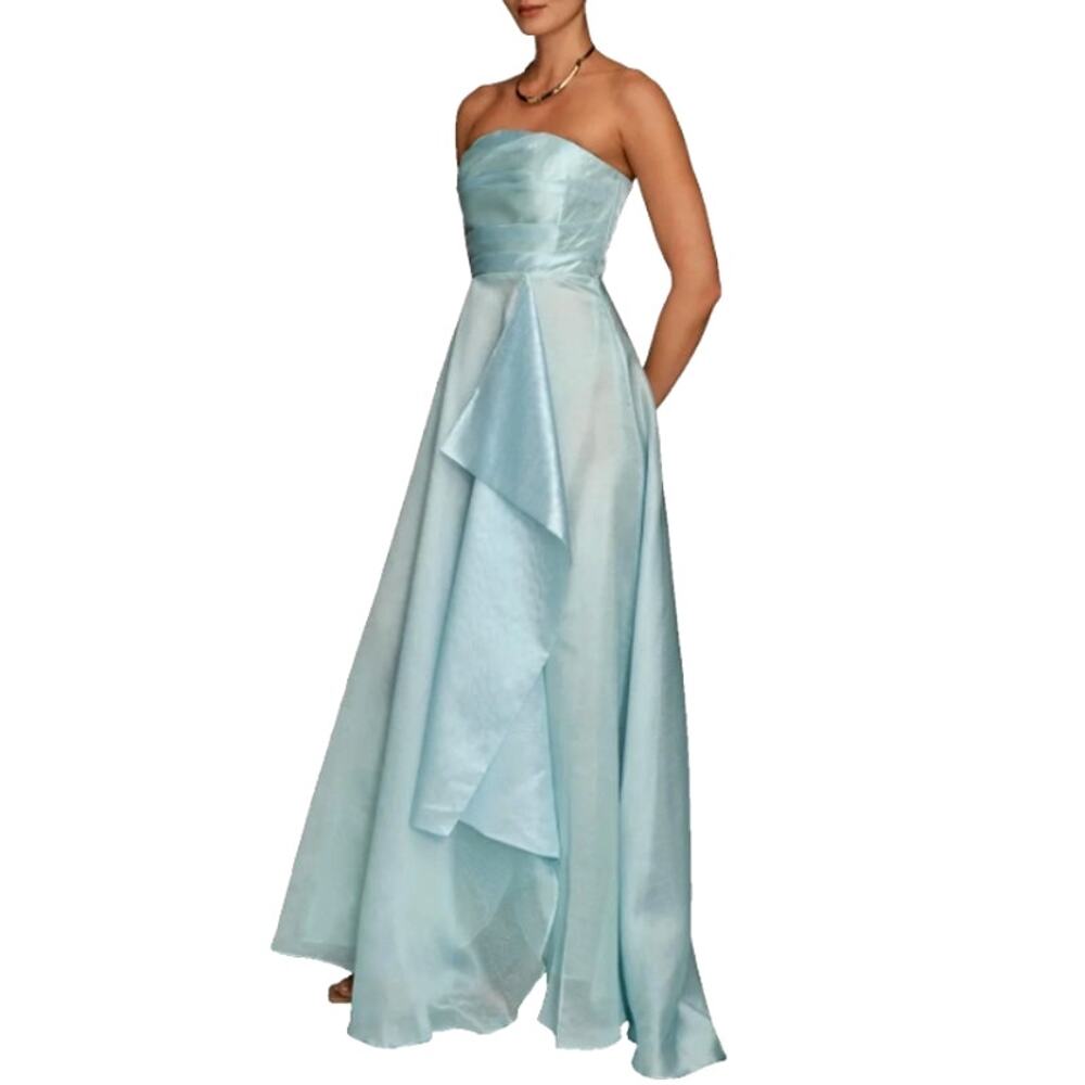 Donna Karan Sea Mist Blue Floral Print Organza Strapless A-Line Dress Size 6